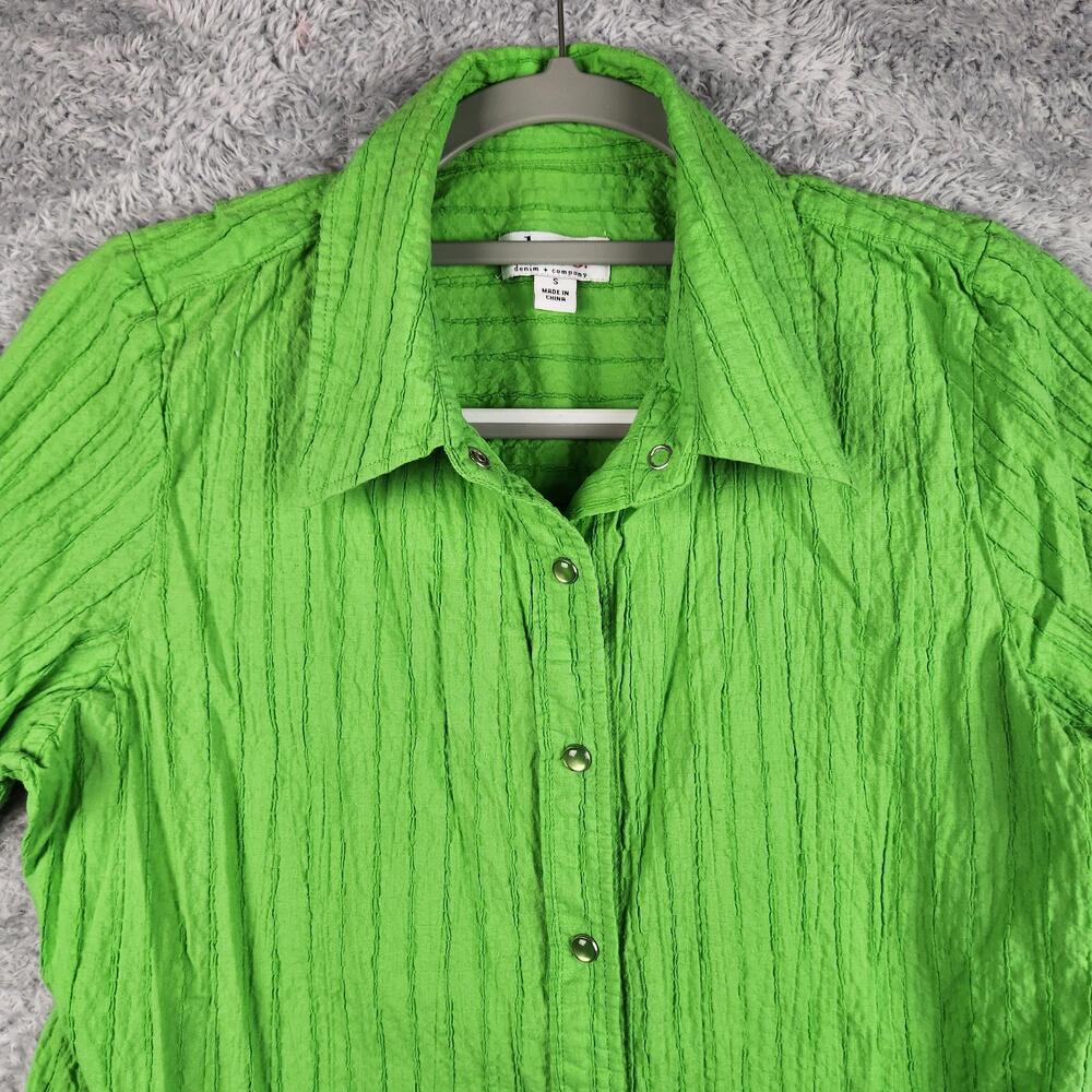 Vintage Denim & Company Shirt Womens Small Green Crinkle Stretch Pearl Snap Y2k